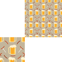 Seamless pattern blank with mug of beer, sausages and forks with sausages on the brown background with pattern unit.