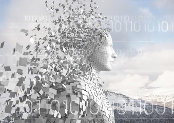 White binary code against white male AI and snowy mountain tops