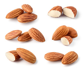 Almond isolated. Nuts on white background. Collection. Full depth of field.
