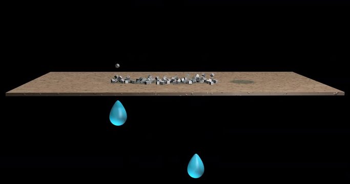 Water drops collide with filter, particles separated out. 3d animation