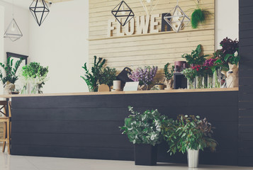 Flower shop interior, small business of floral design studio