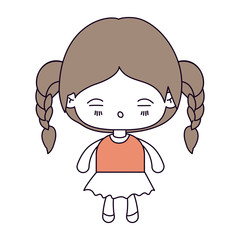 silhouette color sections and light brown hair of kawaii little girl with braided hair and facial expression tired vector illustration