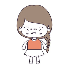 silhouette color sections and light brown hair of kawaii little girl with braided hair and facial expression angry with closed eyes vector illustration