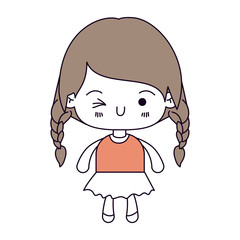 silhouette color sections and light brown hair of kawaii little girl with braided hair and facial expression wink eye vector illustration