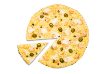 Delicious seafood pizza with salmon and olives
