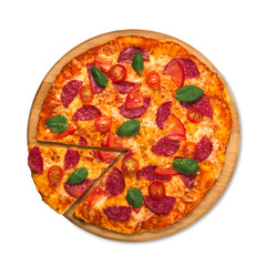 Delicious pizza with pepperoni and tomatoes