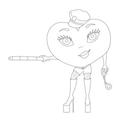 Outline cartoon heart in a sexy police suit with a baton and handcuffs in hands and black lacquered boots on a platform