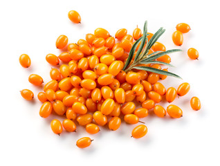 Sea buckthorn. Fresh ripe berries with leaves isolated on white background.