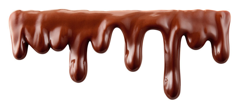 Melted chocolate. Stream. Syrup with drops is dripping isolated on white. With clipping path.