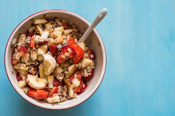 Fresh cottage cheese, sour cream, strawberry, banan and pear afor healthy eating