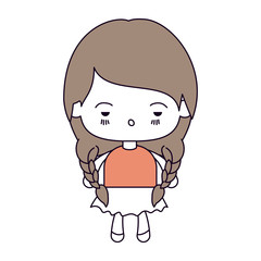 silhouette color sections and light brown hair of kawaii little girl with braided hair and facial expression depressed vector illustration