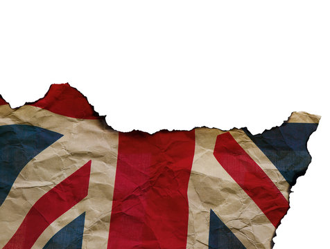 The Scorched Flag of England on white background, concept picture about terrorism in the world and brexit