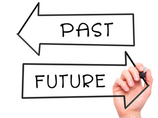 Man Hand writing Past and Future with marker on transparent wipe board