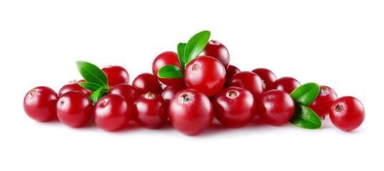Cranberry. Heap of berries with leaves isolated on white background. Full depth of field.