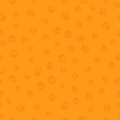 A pattern of canine tracks of different sizes. Traces of the dog are orange. Vector illustration in a flat style