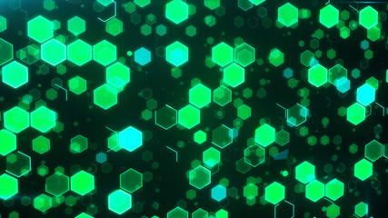 Abstract technological background with green luminous hexagons.