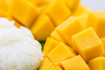 Closeup macro shot of carve beautiful yellow mango with sticky rice