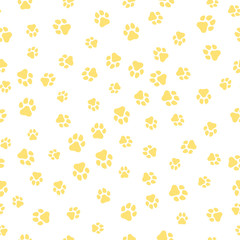 A pattern of canine tracks of different sizes. The dog tracks are yellow on a white background. Vector illustration in a flat style