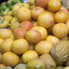 the Freshly picked orange and lemon fruits on market stall
