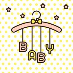 Baby word hanging on rack with bow vector. Cute infant mobile toy on polka dot yellow background.