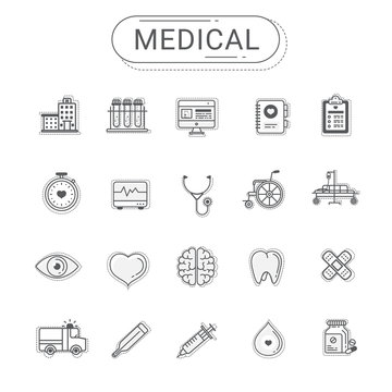 Medical icons set. Healthcare flat line icon style create by vector. Gray color tone. The set can be used for hospital website, healthcare banner, infographics and mobile app