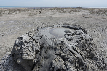 Mud volcano at Gobustan national park erupt. Azerbaijan