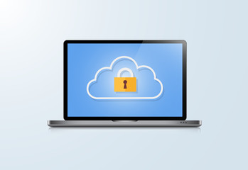 Concept is data security Center .Shield on Computer Laptop protect sensitive data. Internet security. Vector Illustration