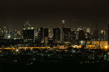 High angle view of city scape at night
