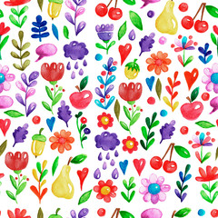 Cute garden flower and plants with fruits and berries For invitation, kindergarten, wedding invitations, nursery, posters, banners, covers, books, textbooks, notepads