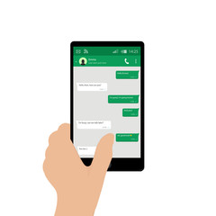Hand holding mobile phone. Vector illustration. Social network concept. Vector. Messenger window. Chating and messaging concept. Green chat boxes.