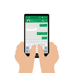Hand holding mobile phone. Vector illustration. Social network concept. Vector. Messenger window. Chating and messaging concept. Green chat boxes.