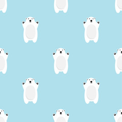 White Polar bear cartoon character Seamless pattern. A Cute Polar bear standing on blue background. Flat design Vector illustration.