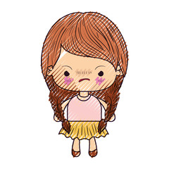colored crayon silhouette of kawaii little girl with braided hair and facial expression angry vector illustration