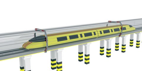 Futuristic electric train swiftly moves in a glass tunnel, 3d render, 3d illustration