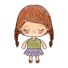 colored crayon silhouette of kawaii little girl with braided hair and facial expression disgust vector illustration