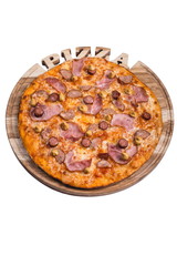 Italian pizza with ham sausage and mustard. A series of different types of pizza for menus photographed from one angle