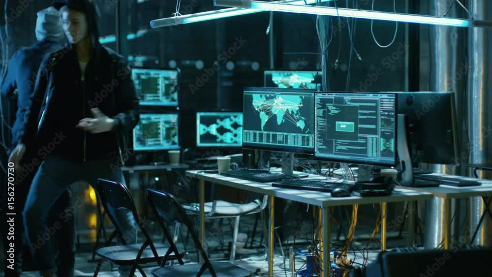 Aufkleber Group Of Internationally Wanted Hackers Run From from They're Busted Hideout. Place Has Many Displays and Cables, Dark Neon.