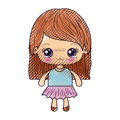 colored crayon silhouette of kawaii cute little girl with straight hair and facial expression depressed vector illustration
