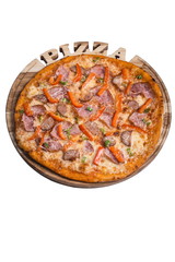 Italian pizza with ham sausage and pepper. A series of different types of pizza for menus photographed from one angle