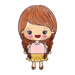 colored crayon silhouette of kawaii cute little girl with braided hair and smiling vector illustration