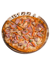 Italian pizza with ham sausage and pepper. A series of different types of pizza for menus photographed from one angle