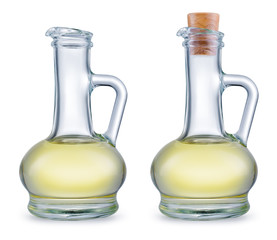 Oil in bottle isolated on white background. Coconut oil. Olive oil. Sunflower oil. With clipping path.