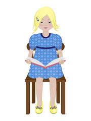 girl reads a book sitting on a chair on white background