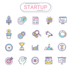 Startup icons set. Flat line icons create by vector. The set can be used for business startup, info graphics, web banner, and advertisement.