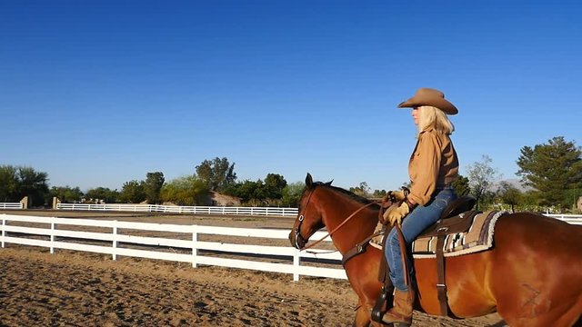 An attractive mature woman riding her horse