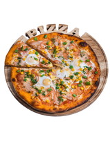 Italian pizza with ham egg tomato and onion. A series of different types of pizza for menus photographed from one angle