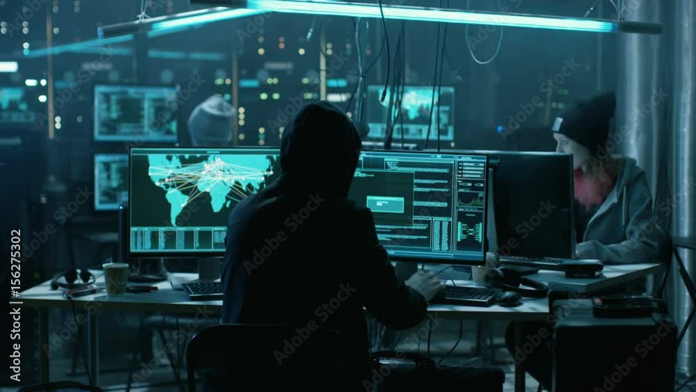 Poster Team of Teenage Hackers Attack Global Infrastructure Servers. Display Showing Stages of Hacking in Progress: Exploiting Vulnerability, Executing and Granted Access. 