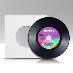 Fototapeta na wymiar Vinyl Disc. Blank Isolated White Background. Realistic Empty Template Of A Music Record Plate With Blank Cover Envelope. Rerto Mock Up For Music Record Plate, Musical Flyer, Poster. Vector
