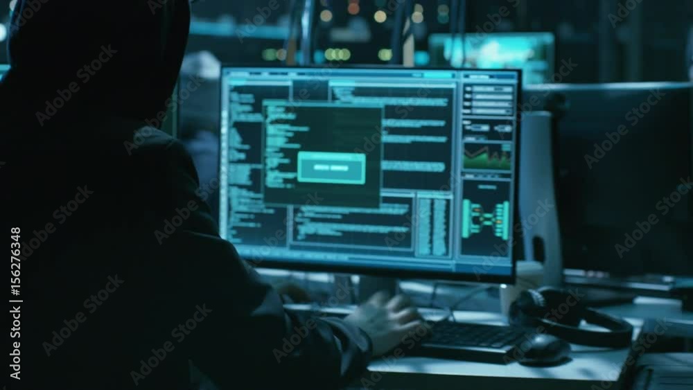 Poster Team of Teenage Hackers Successfully Attack Global Infrastructure Servers. Display Showing Stages of Hacking in Progress: Exploiting Vulnerability, Executing and Granted Access. 