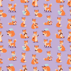 Fox cute adorable character funny orange forest animal seamless pattern vector illustration.